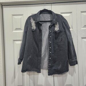 Distressed gray-washed oversized denim jacket